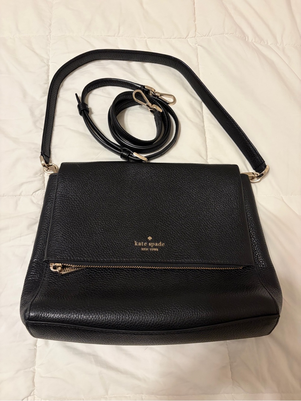 kate spade Leila Medium Black Pebbled Leather Crossbody with Gold Hardware